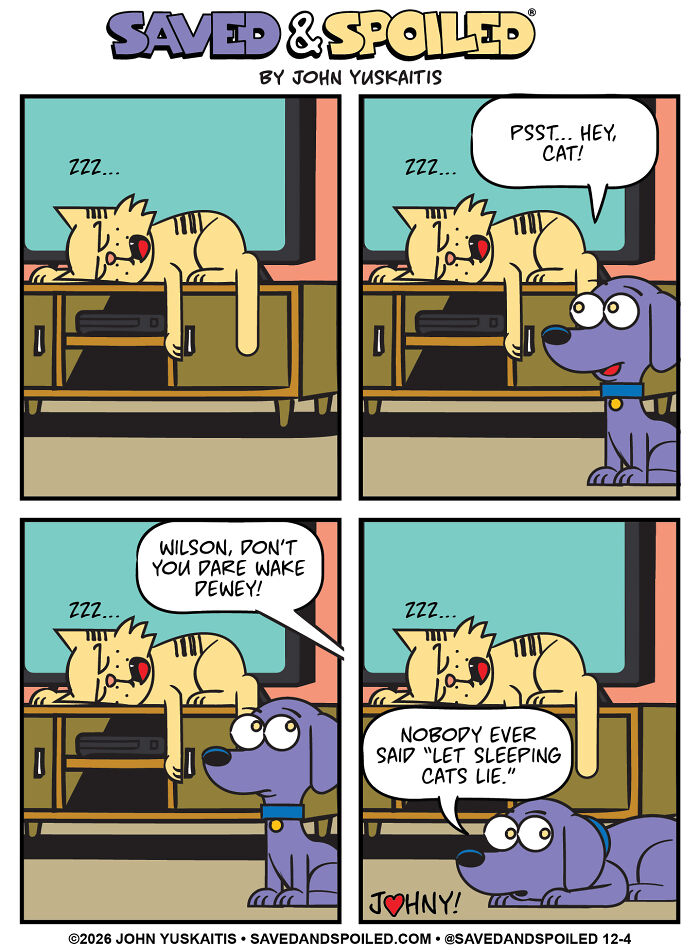 Dog talking to sleeping cat in cat comics about my dog and cat differences