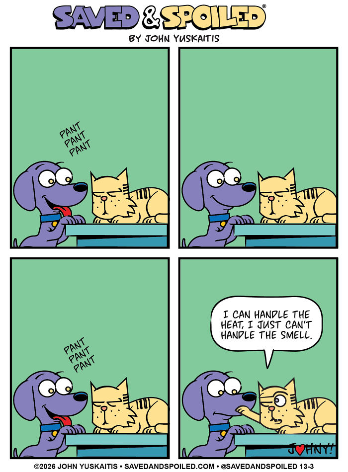 Dog panting beside a cat explaining heat and smell in pet comics