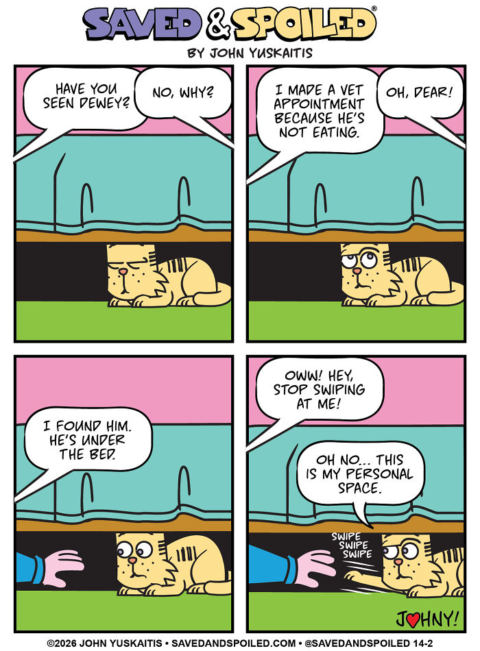 Cat hiding under bed with dialogue about vet appointment in pet comics