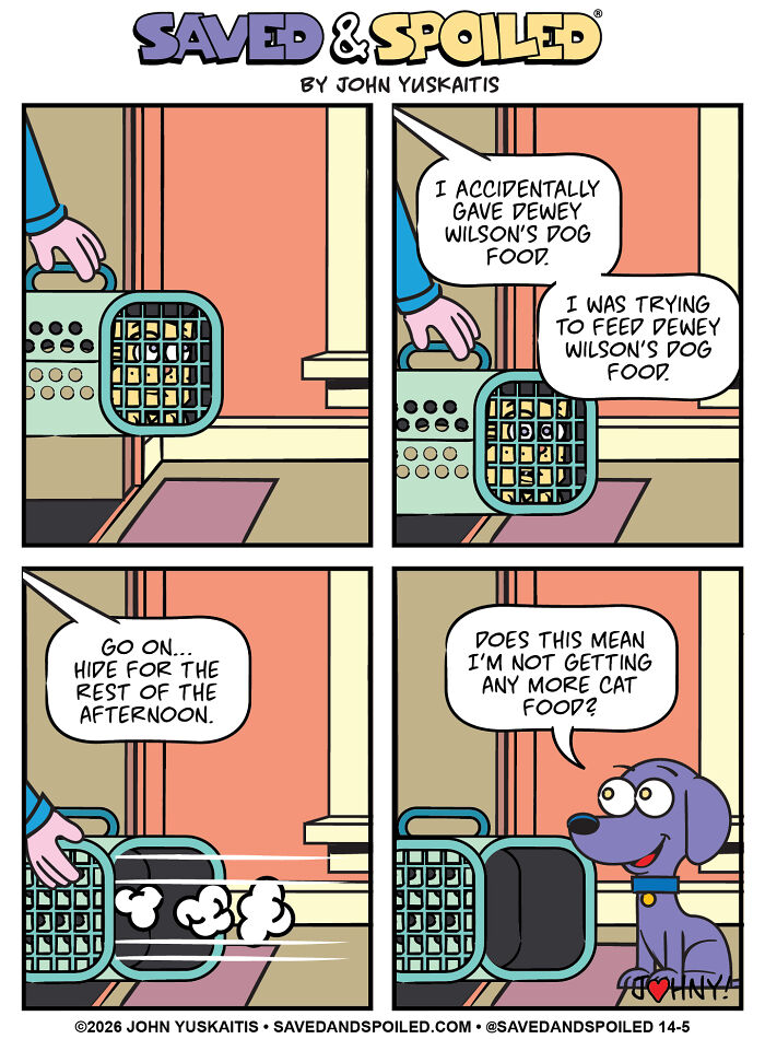 Dog reacts to being fed Dewey Wilson's dog food in funny pet comics