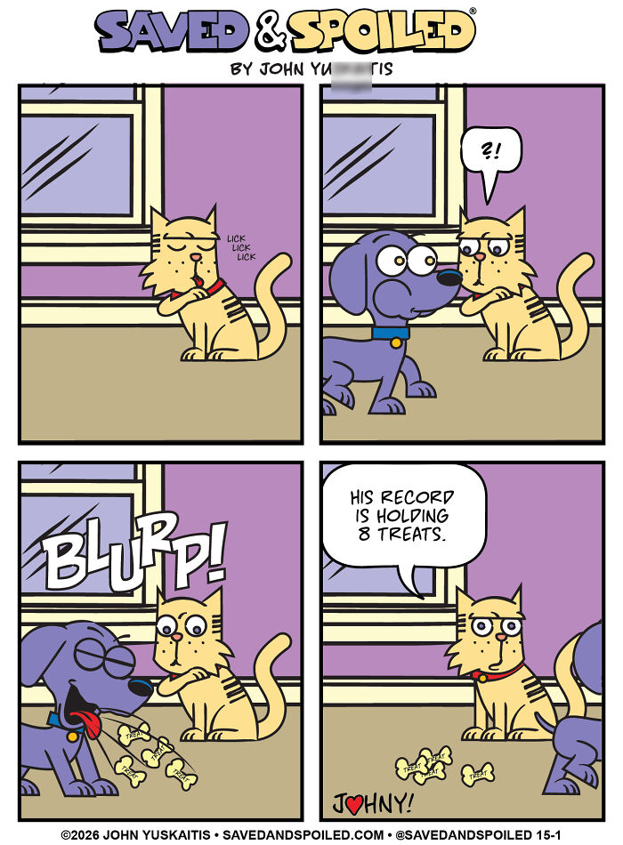Cat shocked as dog spits out treats in comic about dog and cat differences