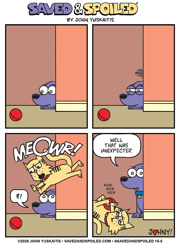 Dog surprised as cat leaps near dog in comics about dog and cat differences