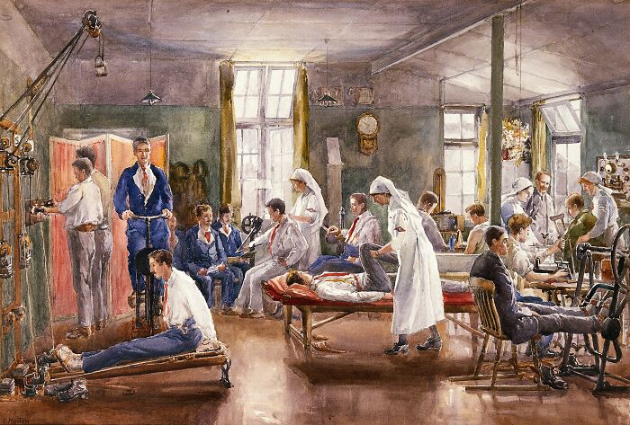 Vintage illustration of a medical rehabilitation room showing how medicine has changed