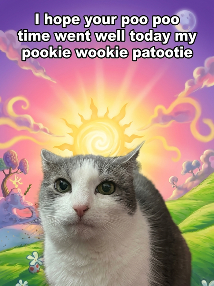 A cat meme with a white face and gray fur looking at the camera, with a cartoon sun and landscape behind it.
