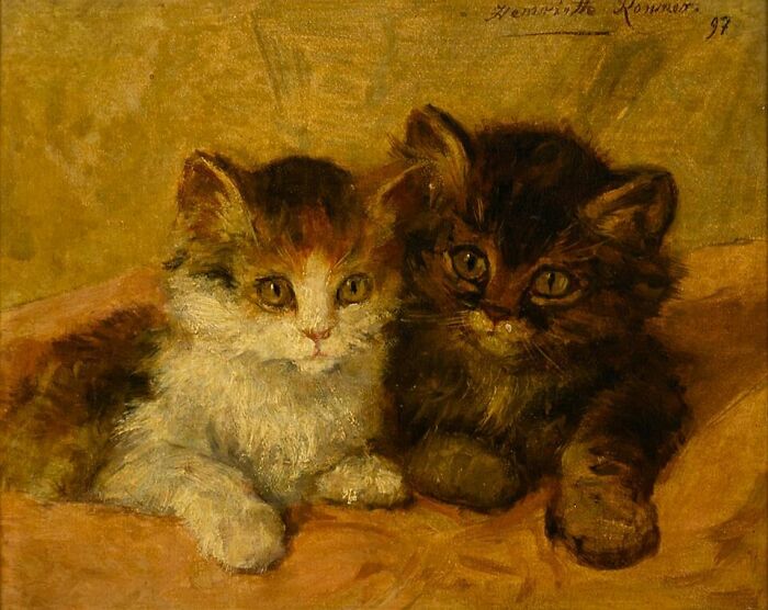 19th century cat painting of two kittens, one light-colored and one dark, sitting together.