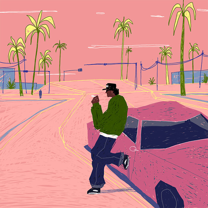 Nostalgic painting showing a character from GTA San Andreas leaning on a pink car against a sunset background with palm trees.