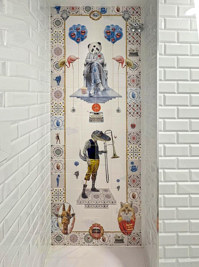 Tile works mural with panda and crocodile characters playing trombone