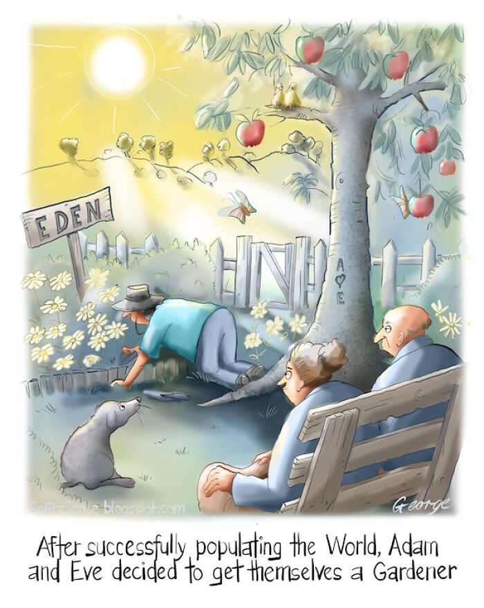 A funny cartoon about Eden, illustrating dog logic through the garden pup looking at a new gardener.