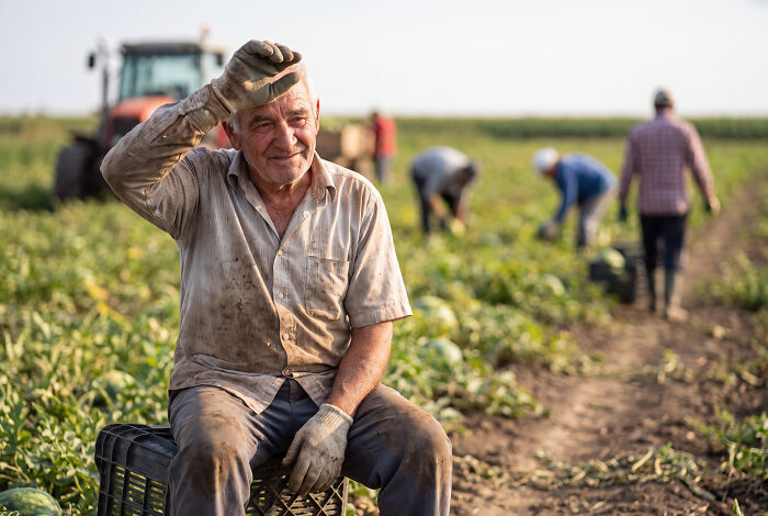 A tired farmer wiping his brow in a field with other workers, reflecting on the industry secrets of agriculture and hard work.