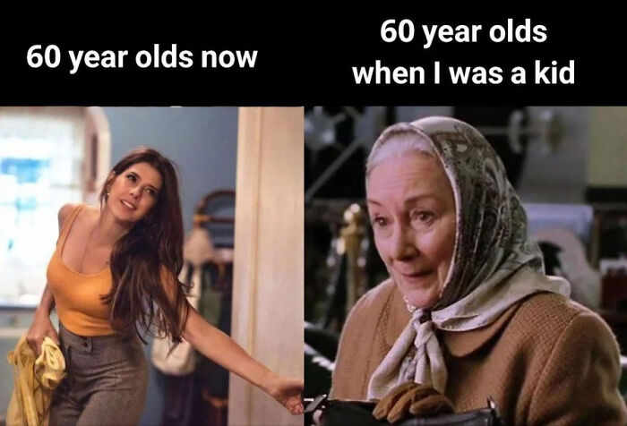 A funny internet meme comparing 60-year-olds now versus when the user was a kid, showcasing hilarious photos.