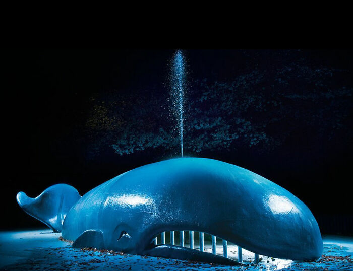 Surreal Japanese playground at night featuring a large blue whale structure spouting water, captured by Fujio Kito.