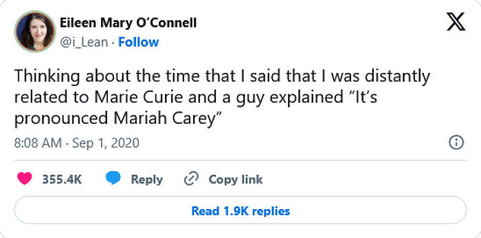 Tweet about confusion between Marie Curie and Mariah Carey involving family relation