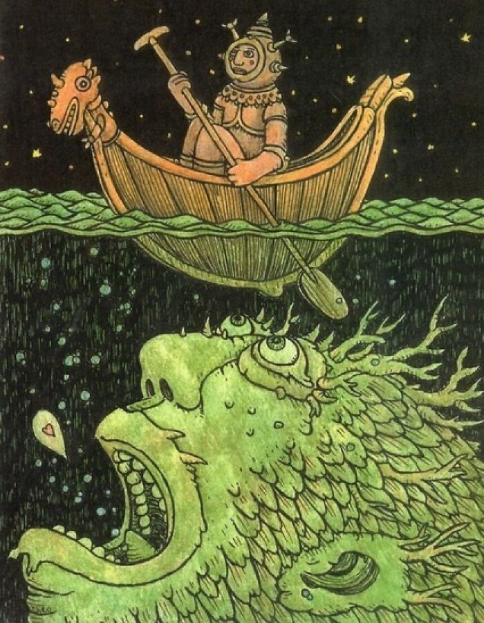 Theo Ellsworth illustration of a person in a boat rowing above a giant green sea creature