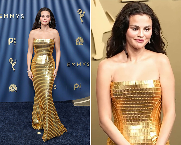 Worst Dressed Stars at the 2026 Emmys: Selena Gomez in a metallic gold strapless gown on the red carpet.