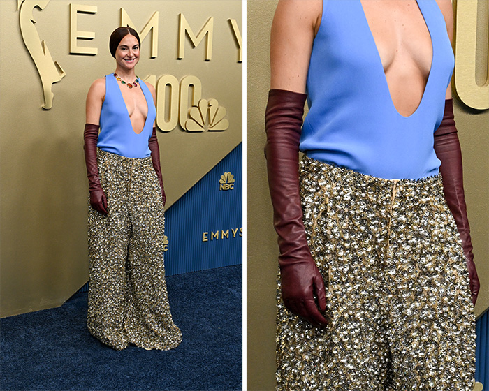 Worst Dressed Stars at the 2026 Emmys: Shailene Woodley in a daring blue top, sequin pants, and red gloves.