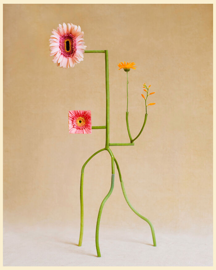 Jennifer Latour photo shows intricate flower composition resembling a figure with pink and orange blooms.