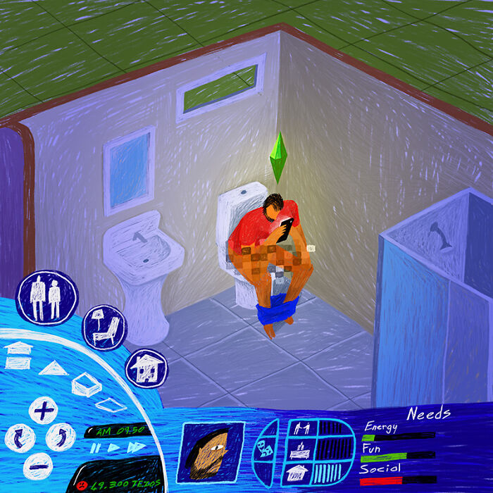 Nostalgic paintings illustrating a person on a toilet, with game interface elements from the golden era of GTA.