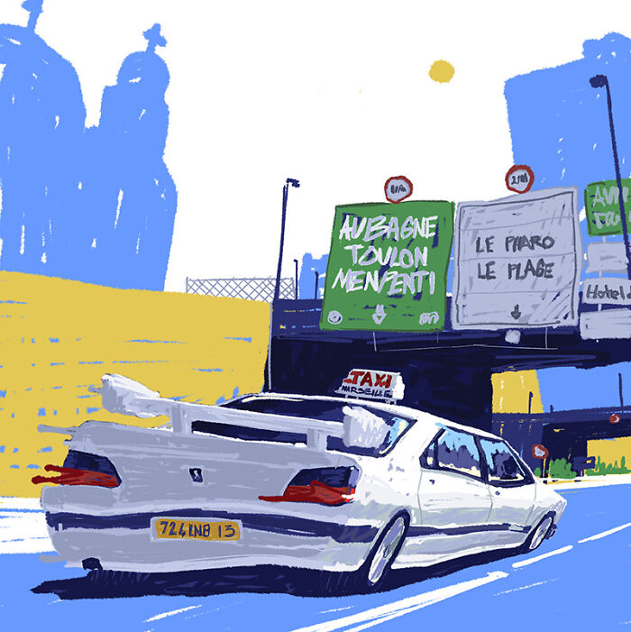 Nostalgic paintings featuring a white taxi on a road with directional signs, reminiscent of the golden era of GTA.
