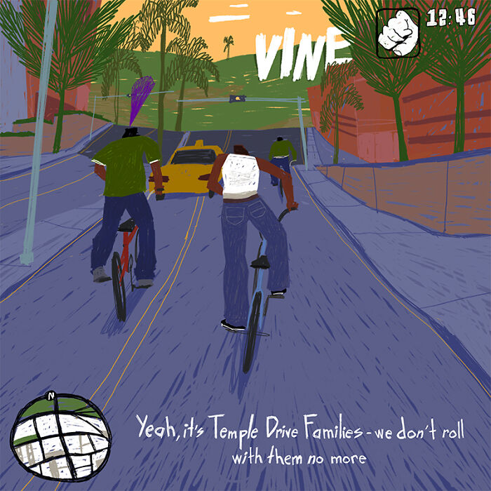Nostalgic paintings showing two men cycling on a street, a nod to the golden era of GTA.