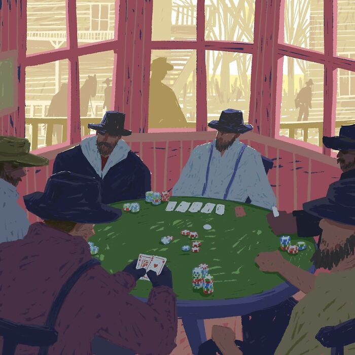 Nostalgic painting capturing the golden era of poker, with men playing cards.