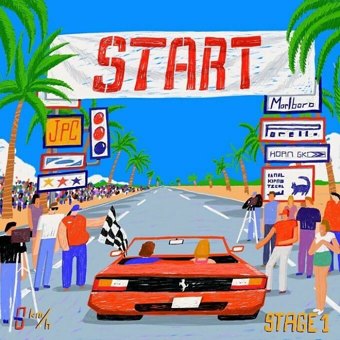 Nostalgic painting of the golden era of racing games, depicting a car at a starting line.