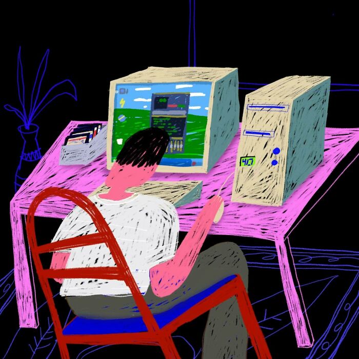 Nostalgic painting of a person playing video games on an early Apple computer, recalling the golden era.
