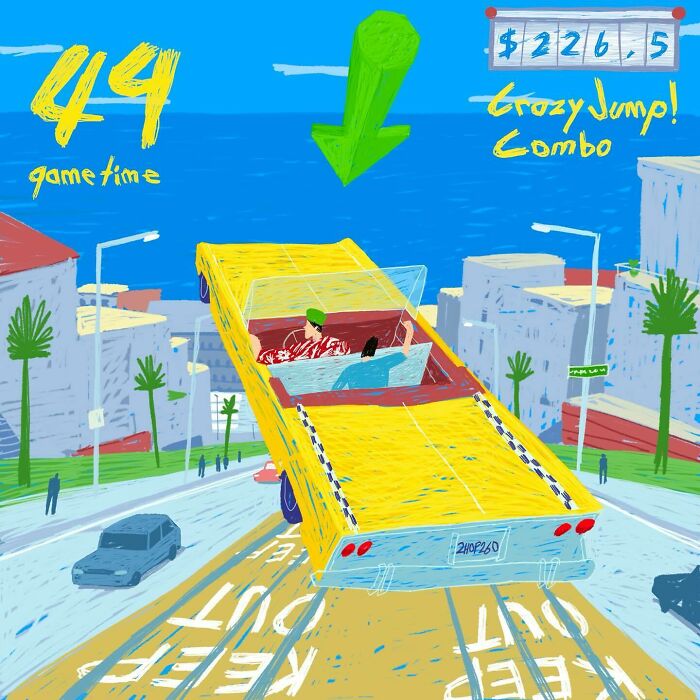 Nostalgic painting depicting a yellow car jumping in a GTA-style scene, celebrating the golden era of gaming.