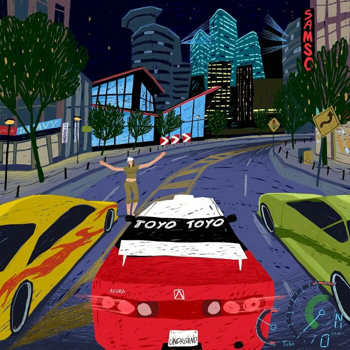 Nostalgic painting of a night race scene with a Nokia-branded billboard, evoking the golden era.