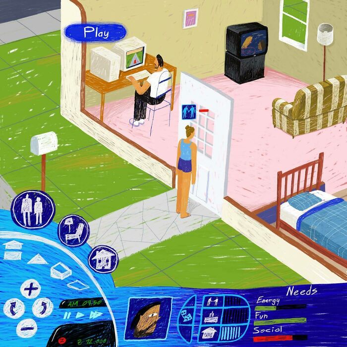 Nostalgic painting of an early Apple-style computer game showing a character by a door.