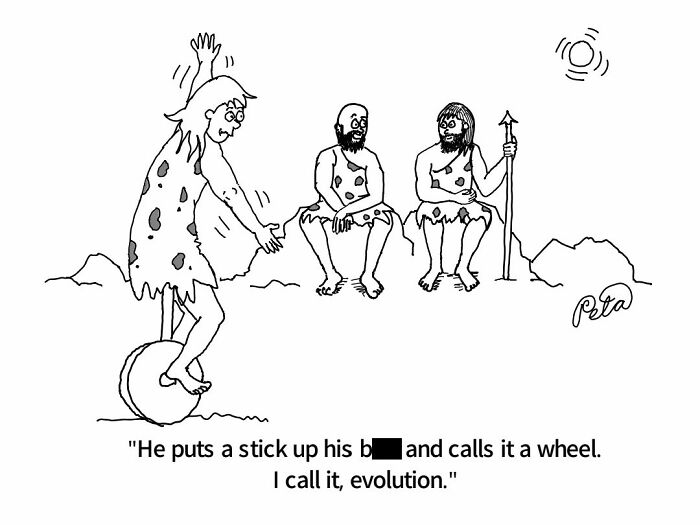 Prehistoric comic about evolution with caveman unicycling on a wheel