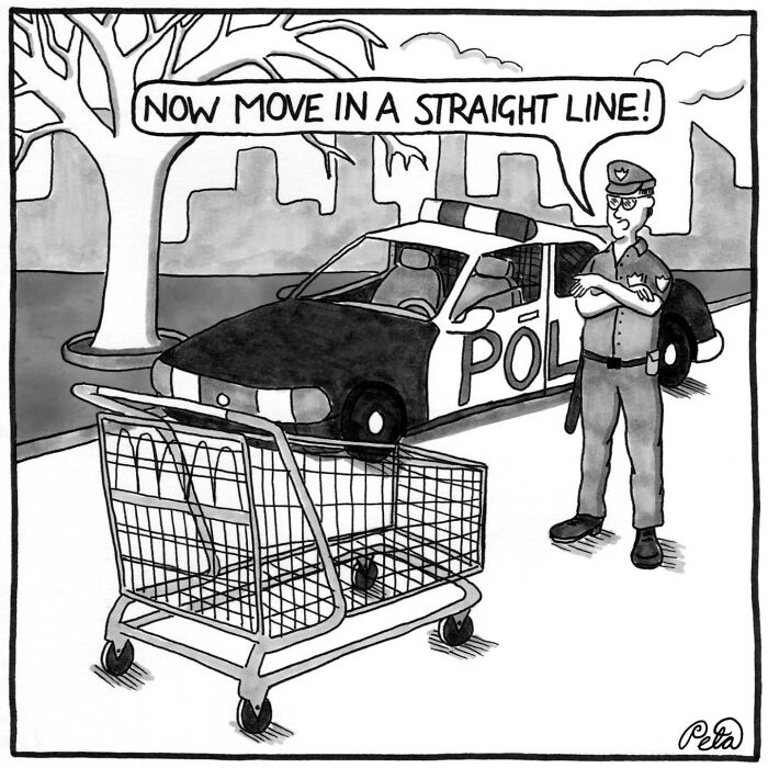 Comic of police officer with shopping cart told to move in a straight line