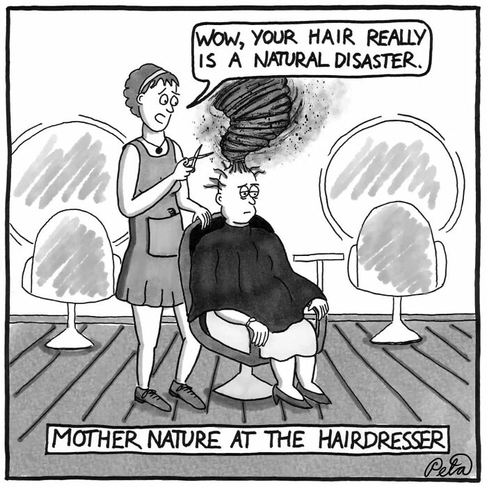 Mother Nature at the hairdresser comic with a woman’s hair a natural disaster