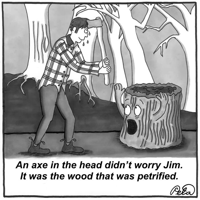 Comic of a man about to chop a petrified wood tree stump with an axe
