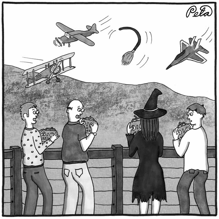 Single-panel comic of people flying remote control planes with a witch flying a broom
