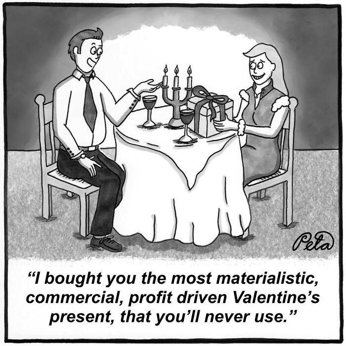 Comic showing couple at dinner with humorous Valentine's Day gift comment