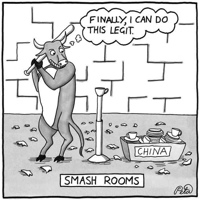 Smash rooms comic showing a bull ready to smash China dishes for stress relief