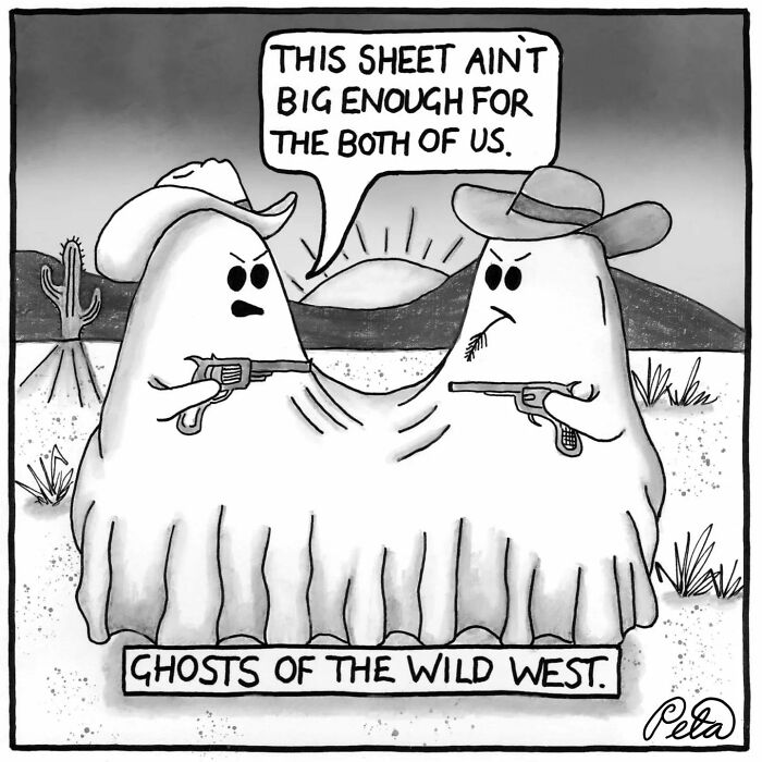 Single-panel comic with two ghosts in Wild West setting having a showdown over a small sheet