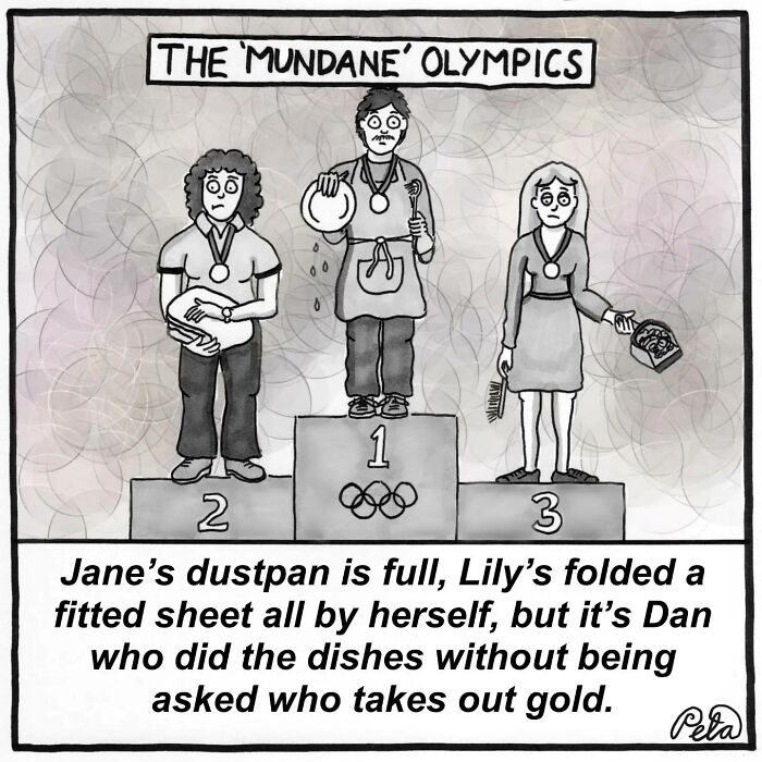 Single-panel comic humor about mundane household chores winning gold medal in the mundane Olympics