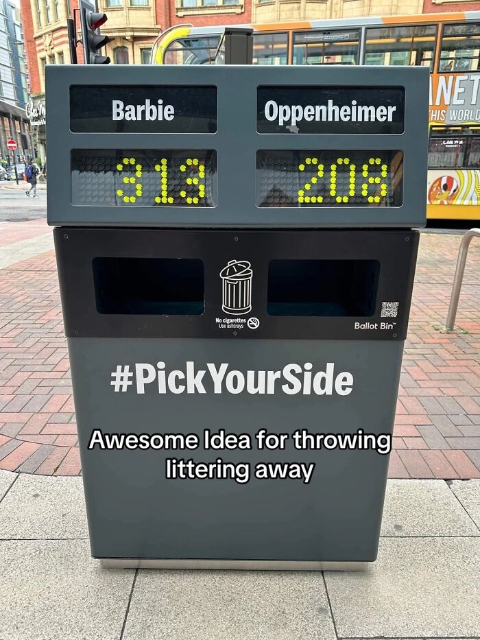 Interactive trash bin with Barbie vs Oppenheimer litter counters for clever designs