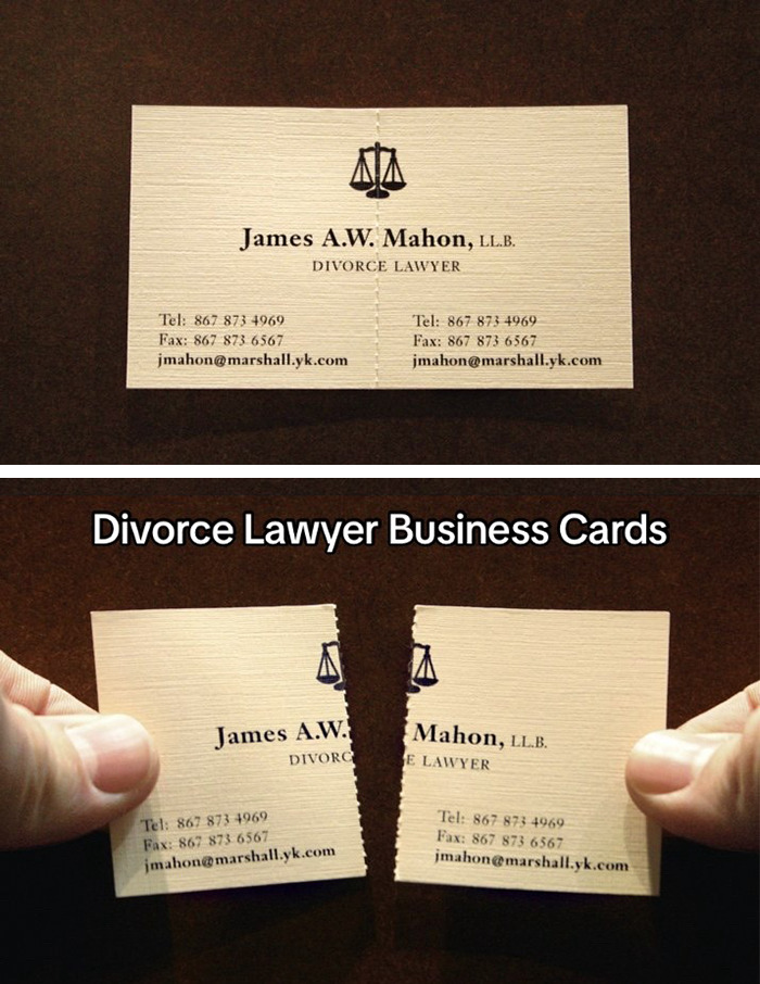 Tearable divorce lawyer business card symbolizing separation concept