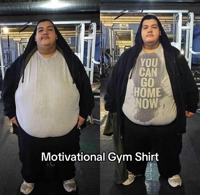 Person wearing a motivational gym shirt with changing wet design for clever designs