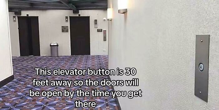 Elevator button placed 30 feet away for early door opening