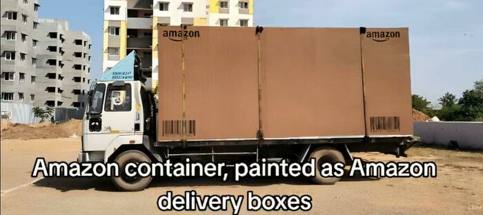 Truck painted to look like Amazon delivery boxes container