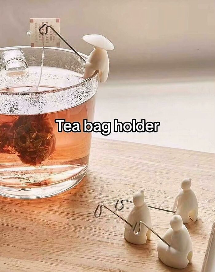 Unique tea bag holder shaped like a miniature figure fishing in a cup