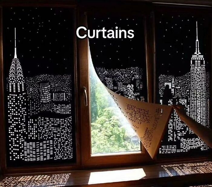 Creative curtains with city skyline design allowing light to shine through