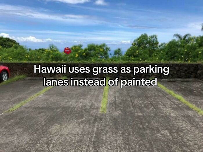 Hawaii parking design using grass as lanes instead of painted lines in parking lot