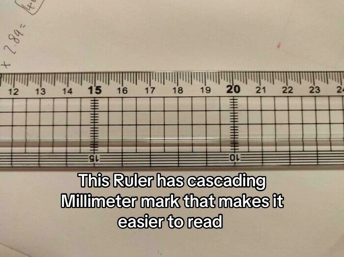 Ruler with cascading millimeter marks for easier reading
