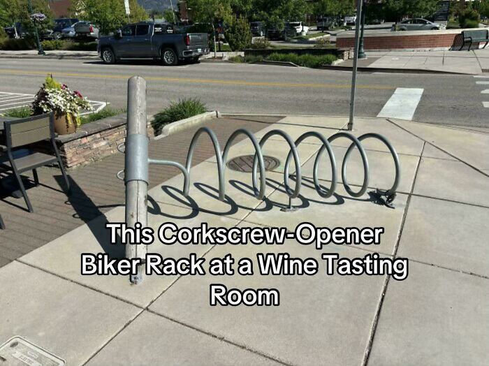 Corkscrew opener biker rack at a wine tasting room