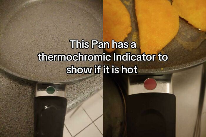 Pan with thermochromic indicator showing when it is hot