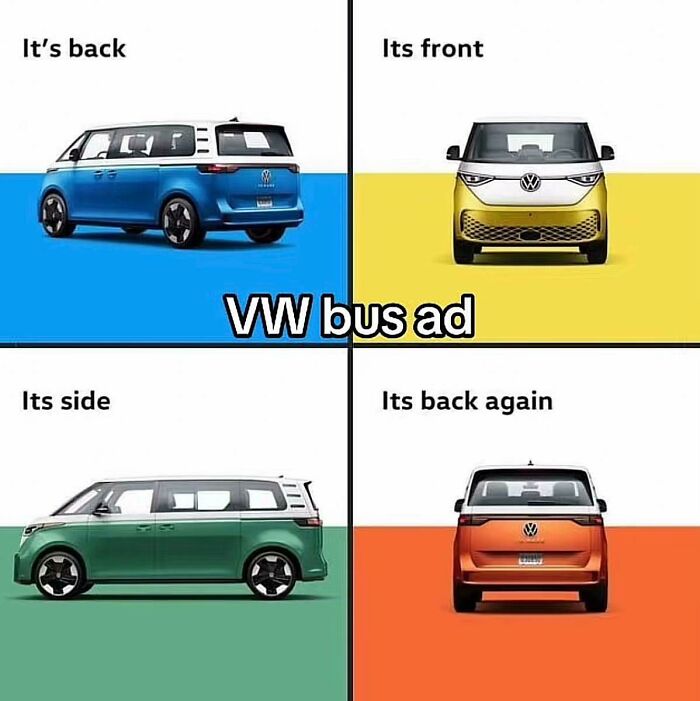 Volkswagen bus advertisement showing multiple colored views of the vehicle